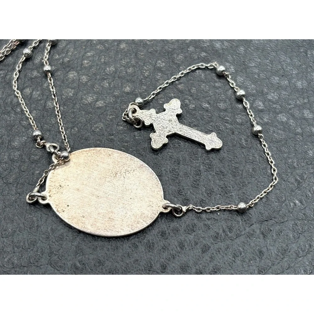 Vintage Dyadema Sterling Silver Rosary Enamel Mary Medal Necklace Pendant Cross